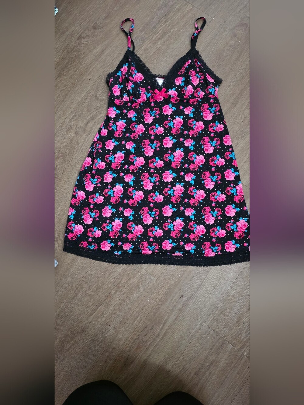 La SENZA Black Chemise with Pink Rose & Blue Accent Print